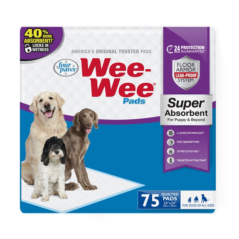 Four Paws Wee-Wee Super Absorbent Unscented Pee Pads for Dogs & Puppies with Insta-Rise Border, Leak-Proof Dog Housebreaking Potty Training Floor Protection, 24" x 24", 75 Count (Packaging May Vary) - Image 1